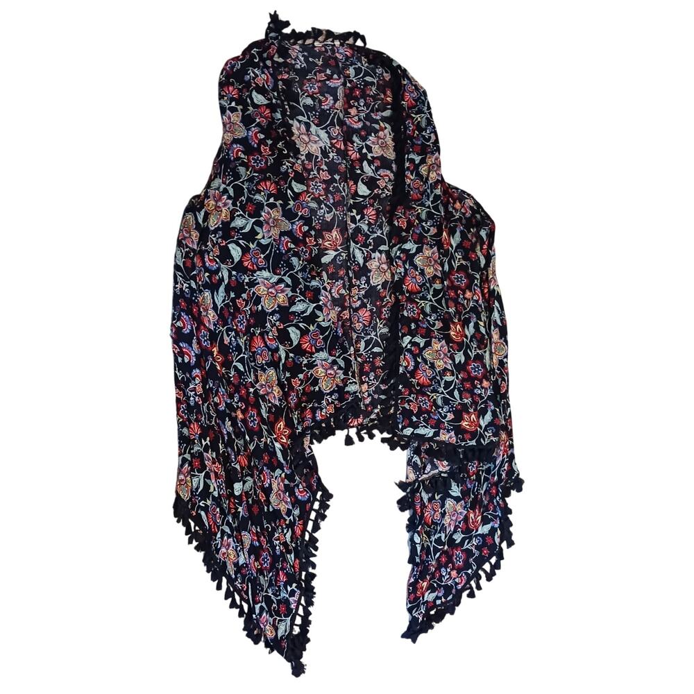 Est 1946 Womens Navy Tasseled Floral Print Shawl Vest 1X/2X